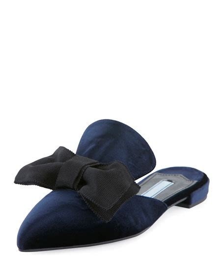 Prada Flat Velvet Bow Mule Flat, Blue (Bleu) 